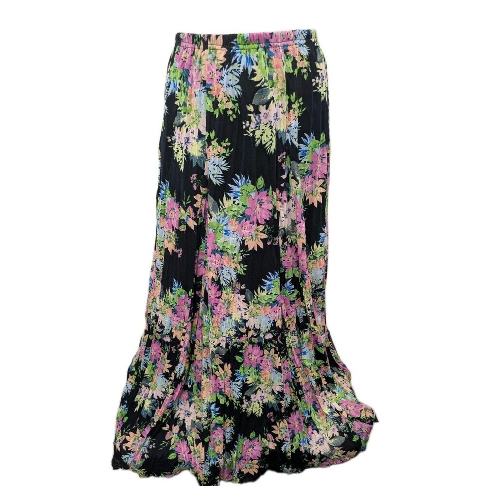 Navy Blue Multicolored Neon Floral Maxi Flare Skirt sz XL Whimsigoth Fairy Boho